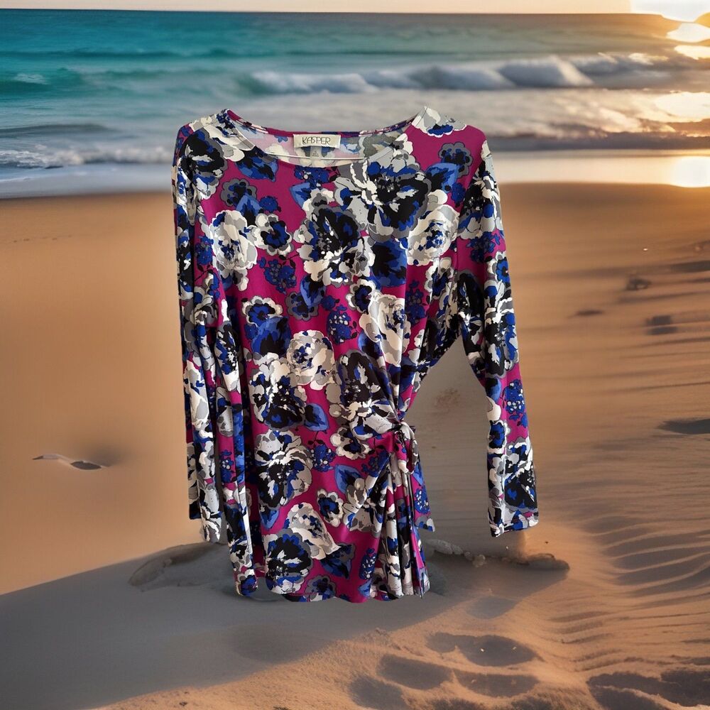 Kasper Women Purple Blue Floral Crew-Neck Self-Tie Side Blouse Top Size XL